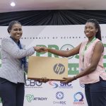 Telecel Ghana’s Legal and External Affairs Director, Augusta Andrews, left, hands over laptops to beneficiaries of KNUST’s SONSOL initiative at the presentation ceremony -africabusinessinsight.com