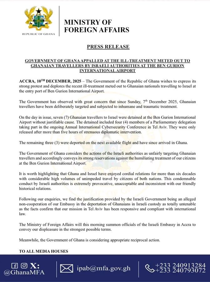 Ghana condemns Israel over treatment if her cutizens